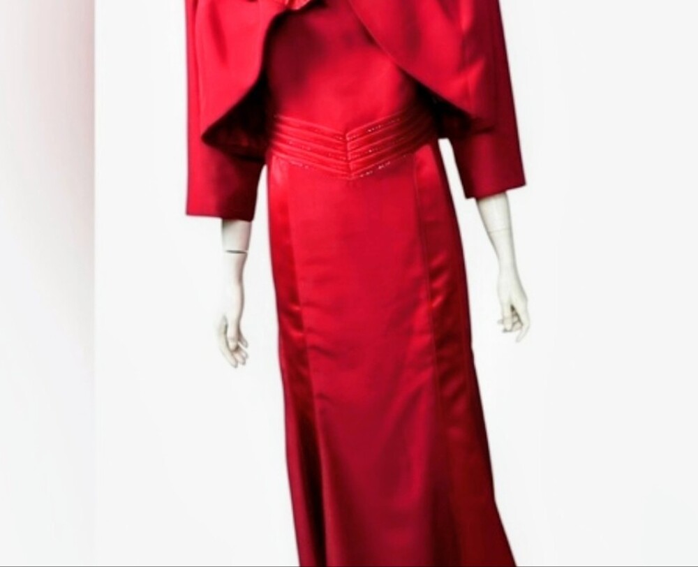 DVC Executive two-piece red formal evening gown matching cropped cape S 16